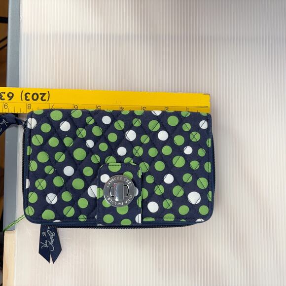 Vera Bradley Turnlock Wallet Lucky Dots Navy Green Quilted Zip Wallet NWT - Picture 10 of 10